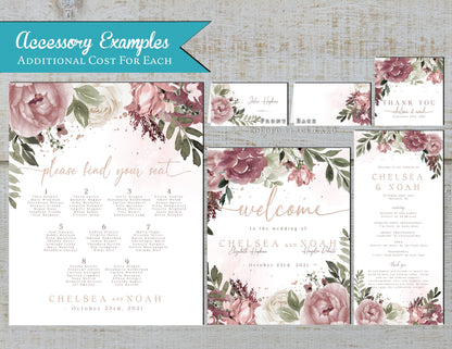 Neutral and Mauve Floral on White Background Summer Wedding Invitation, Set, or Suite