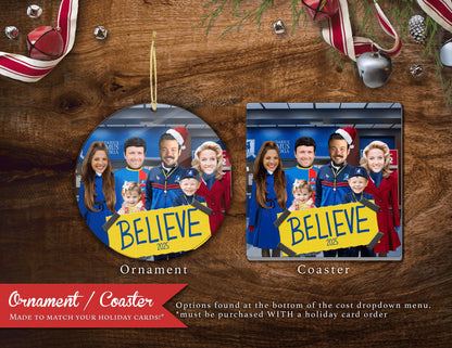 Funny Ted Lasso Believe Christmas Photo Card Personalized Roy Kent Rebecca Custom Text Printed Card Back Print Return Address Label Envelope