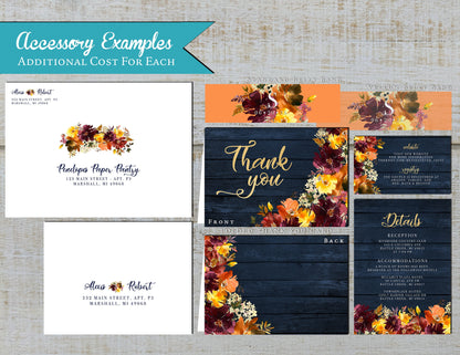 Sunflower and Burgundy Florals on Navy Blue Wood Fall Wedding Invitation, Set, or Suite