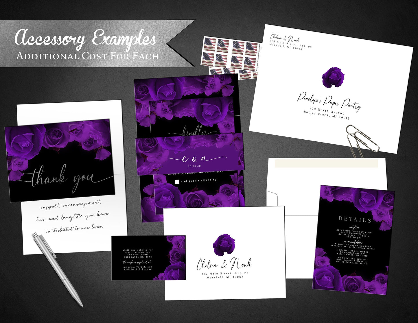 Purple Florals with Silver Foil and Black Background Rose Wedding Invitation, Set, or Suite