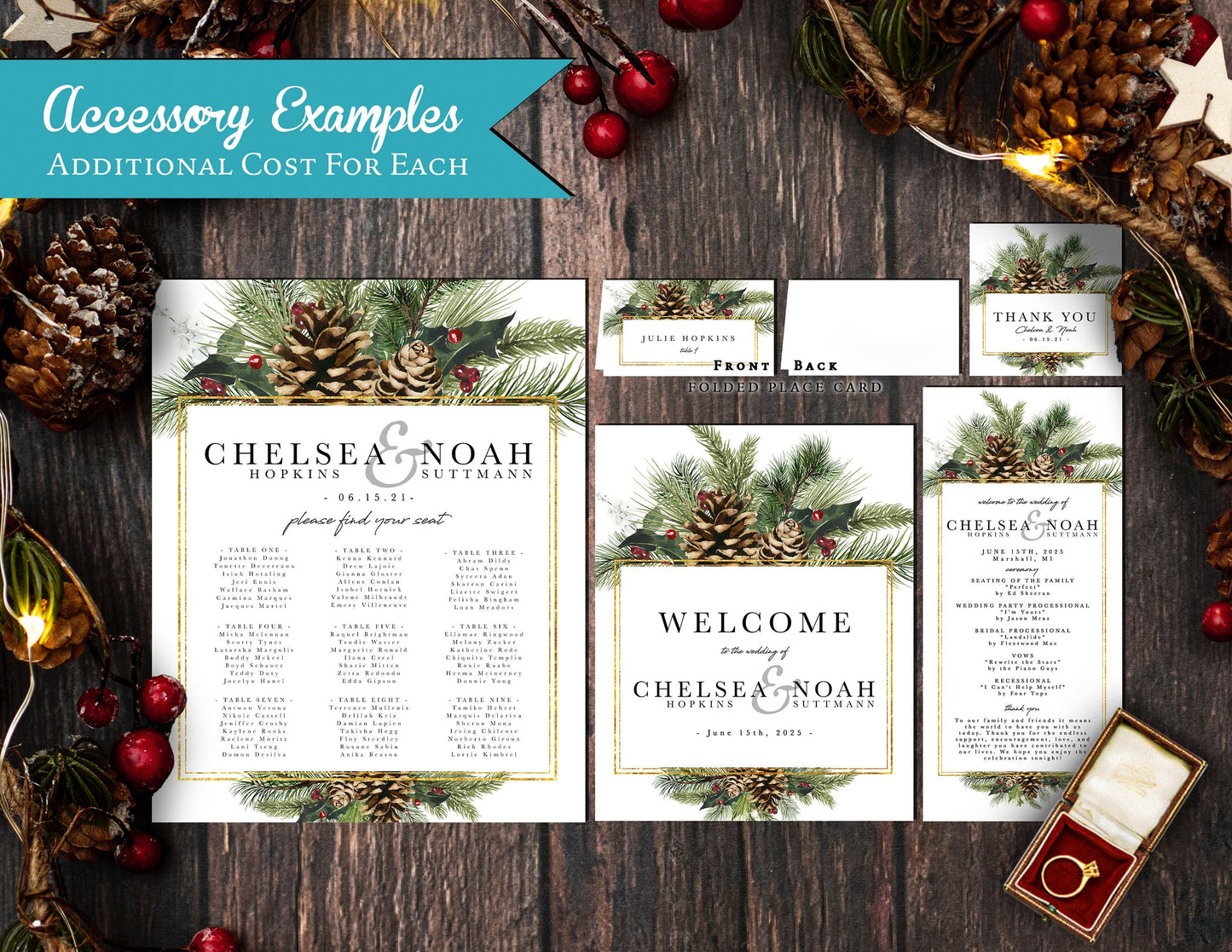 Pinecone and Branches with Gold Frame Winter Wedding Invitation, Set, or Suite