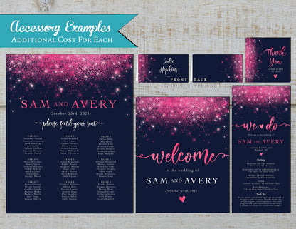 Hot Pink Faux Glitter with Navy Blue Background Invitation Traditional Wedding Invitation, Sets, or Suite