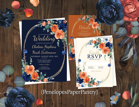 Rustic Navy Floral Fall Wedding Invitation – Burnt Orange & Gold Oval Frame – Personalized Shimmery Printed Invite with Envelope Included