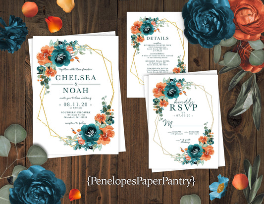 Elegant Floral Fall Wedding Invitation – Teal, Orange & Gold – Geometric Frame Shimmery Invite with Envelopes