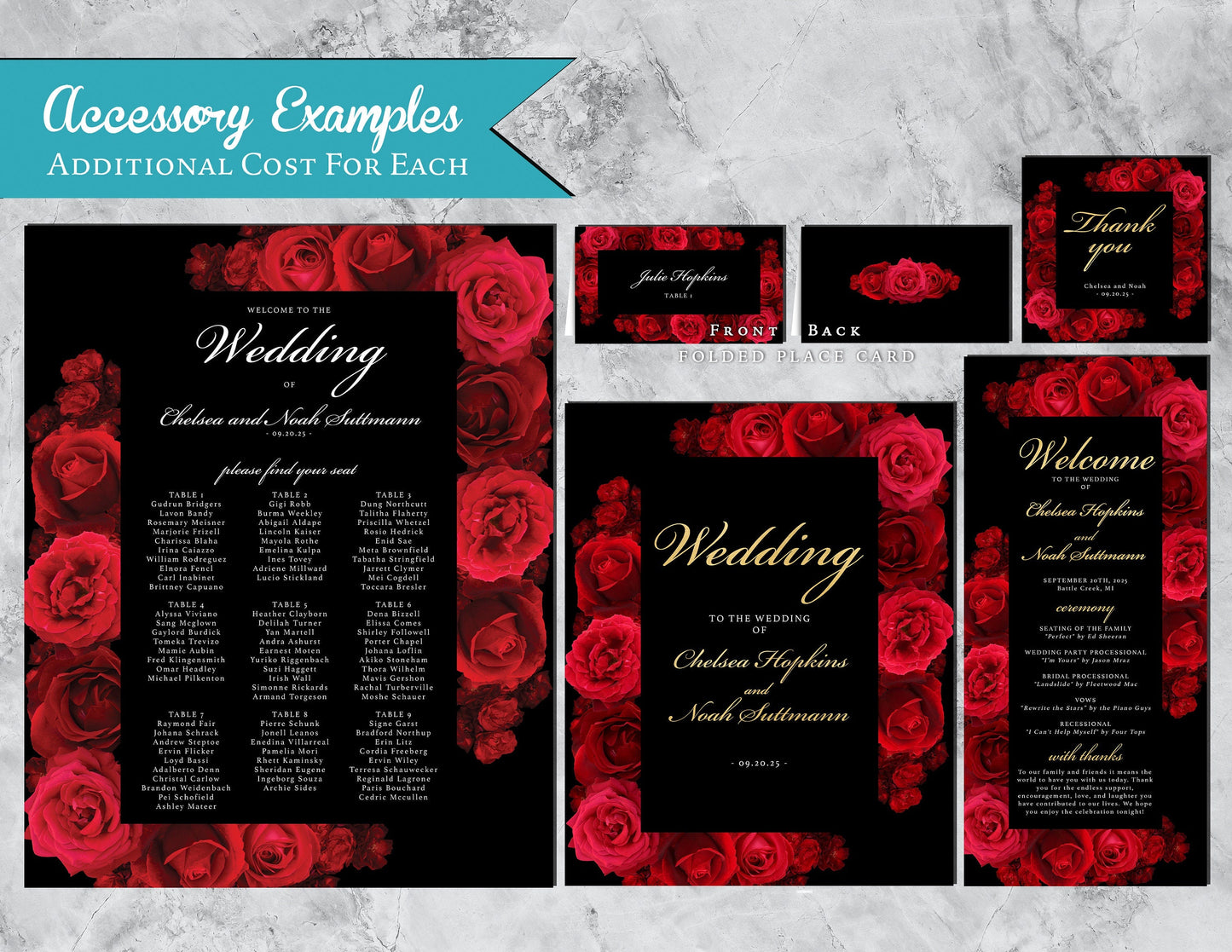 Red Florals with Black Background Rose Wedding Invitation, Set, or Suite