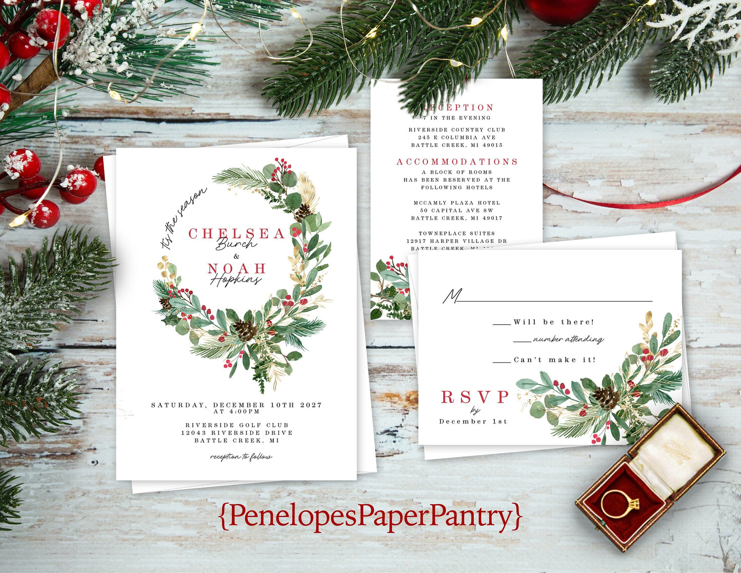 Pine and Holly Floral Wreath Winter Wedding Invitation, Set, or Suite