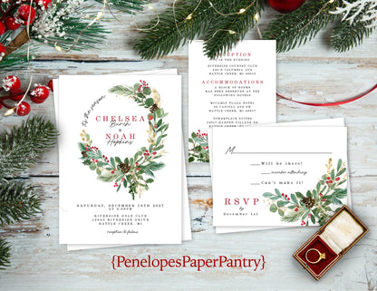 Pine and Holly Floral Wreath Winter Wedding Invitation, Set, or Suite