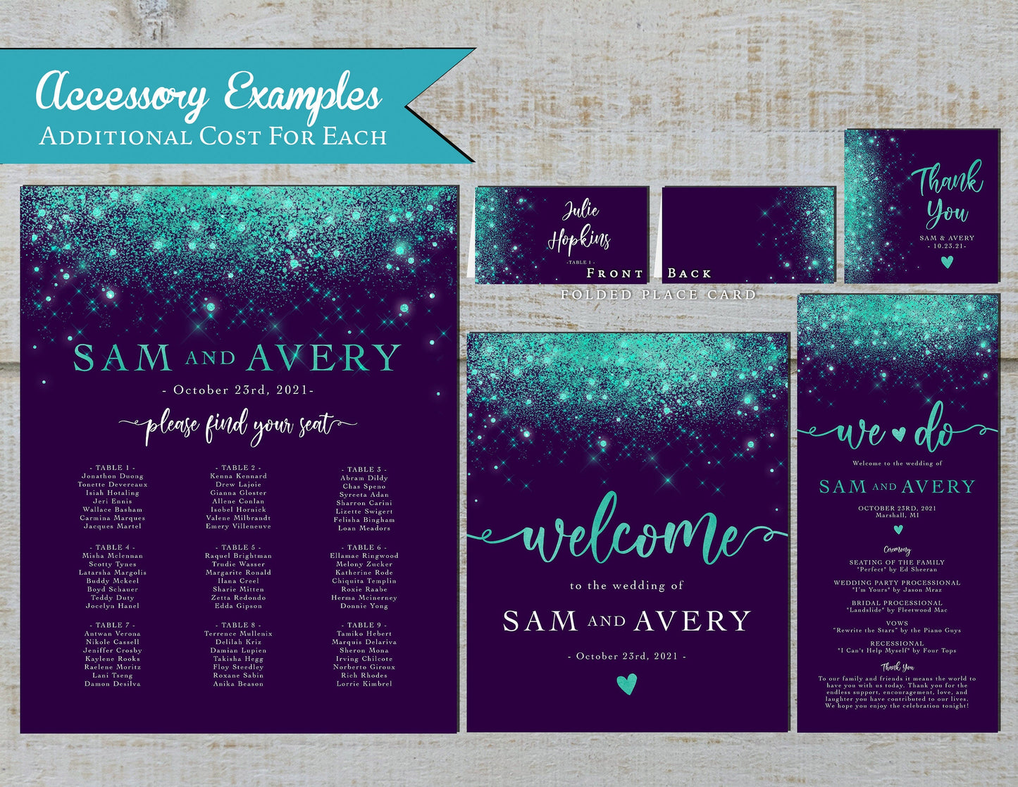 Teal Faux Glitter with Purple Background Traditional Wedding Invitation, Sets, or Suite