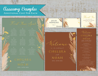 Pampas Grass on Terracotta, Sage, and Ivory Hues Fall Wedding Invitation, Set, or Suite