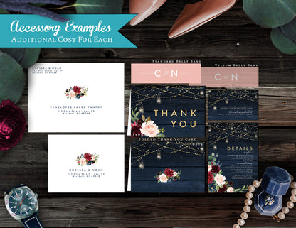 Navy, Blush, and Burgundy Florals on Navy Wood Background Fall Wedding Invitation, Set, or Suite