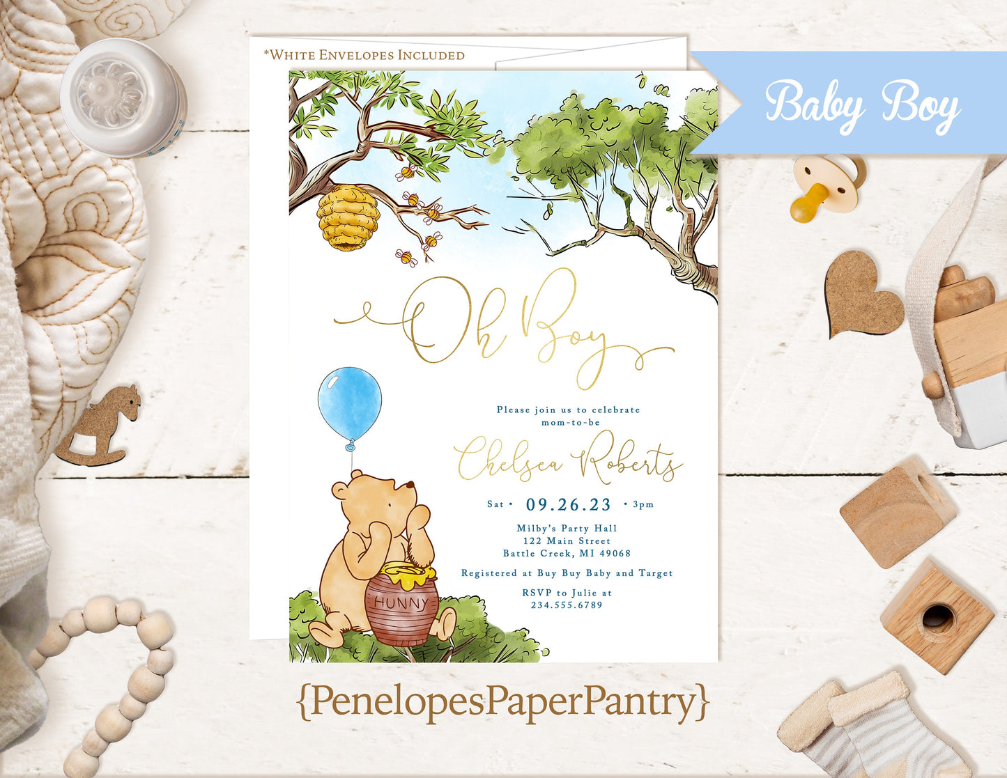 Winnie The Pooh Baby Shower Invitation,Winnie The Pooh Invite,Winnie Baby Shower,Pooh Bear Shower,Baby Boy,Gold Foil Print,Envelope Included