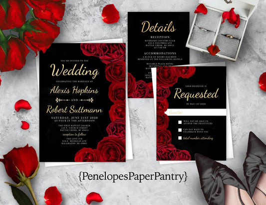 Red Florals with Black Background Rose Wedding Invitation, Set, or Suite