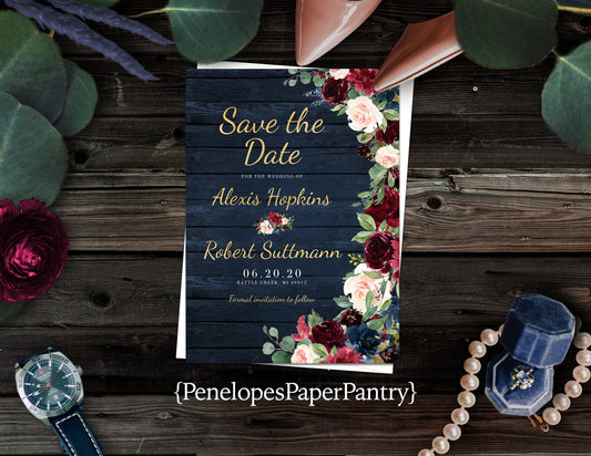 Navy, Blush, and Burgundy Floral on Wood Background Save the Date