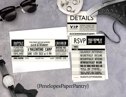 Concert Ticket Style Black and Ivory Summer Wedding Invitation, Set, or Suite