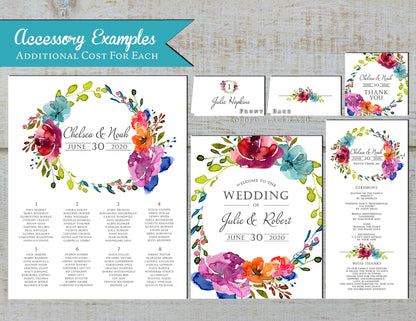 Elegant Bright Floral Summer Wedding Invitation Personalized Hot Pink Purple Turquoise Wreath Printed Invitations Envelopes Included Unique