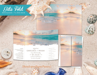 Gatefold Daytime Beach Heart in Sand Folded Wedding Invitation, Set, or Suite