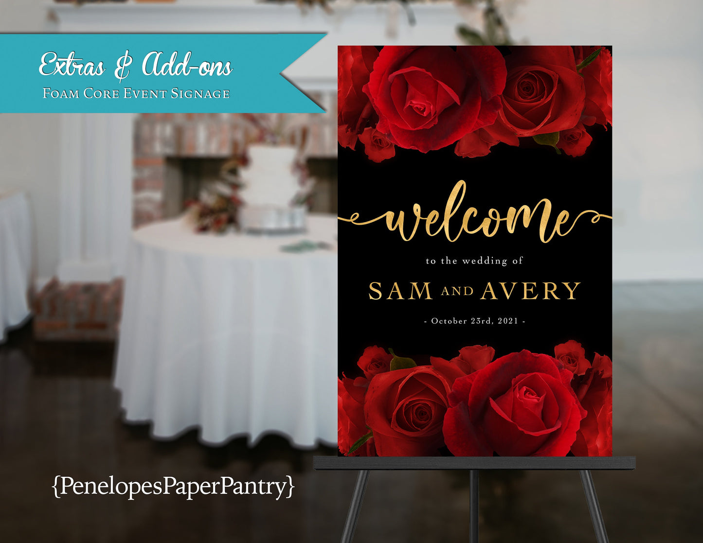 Red Rose Florals with Black Background Wedding Foam Core Event Welcome Sign