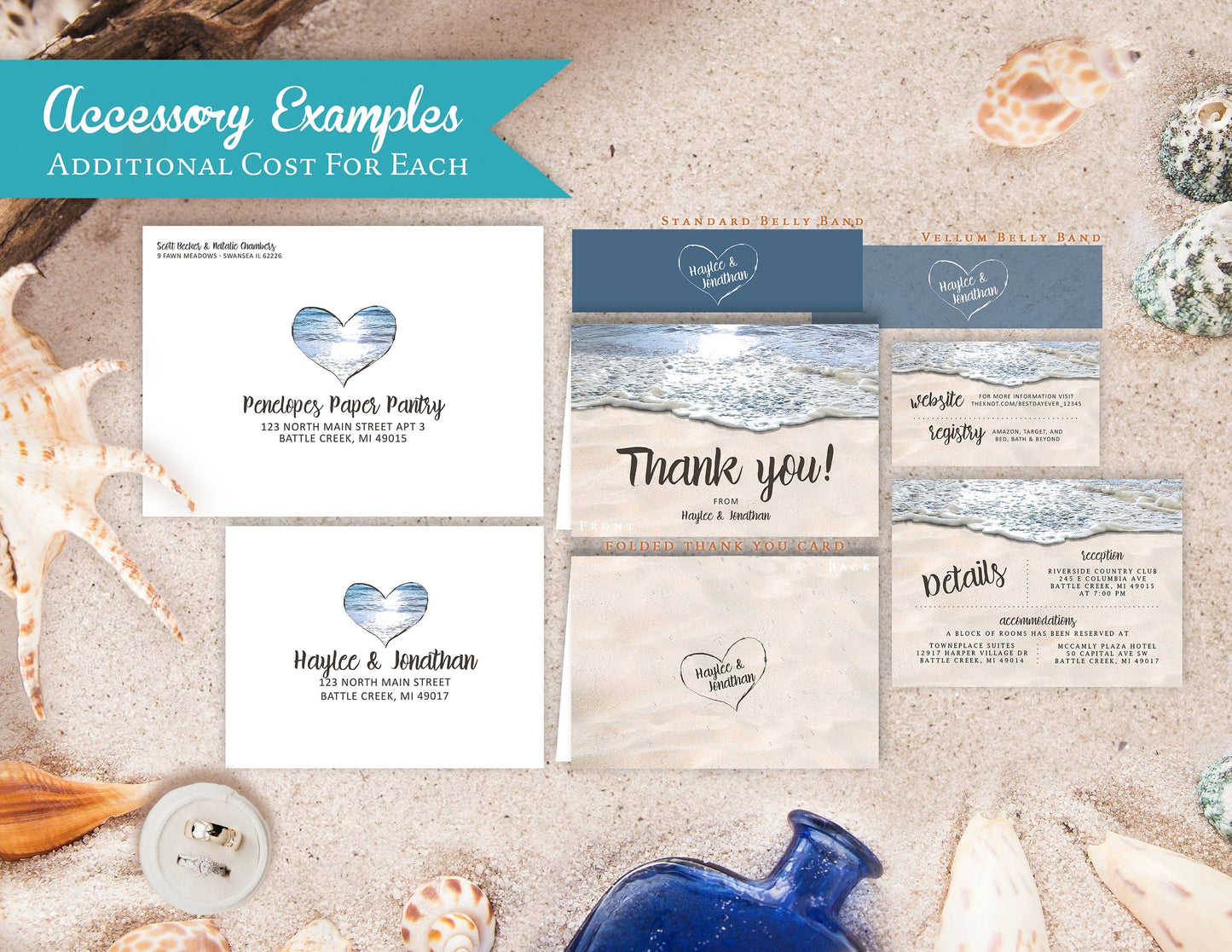 Daytime Heart in Sand Beach Wedding Invitation, Set, or Suite