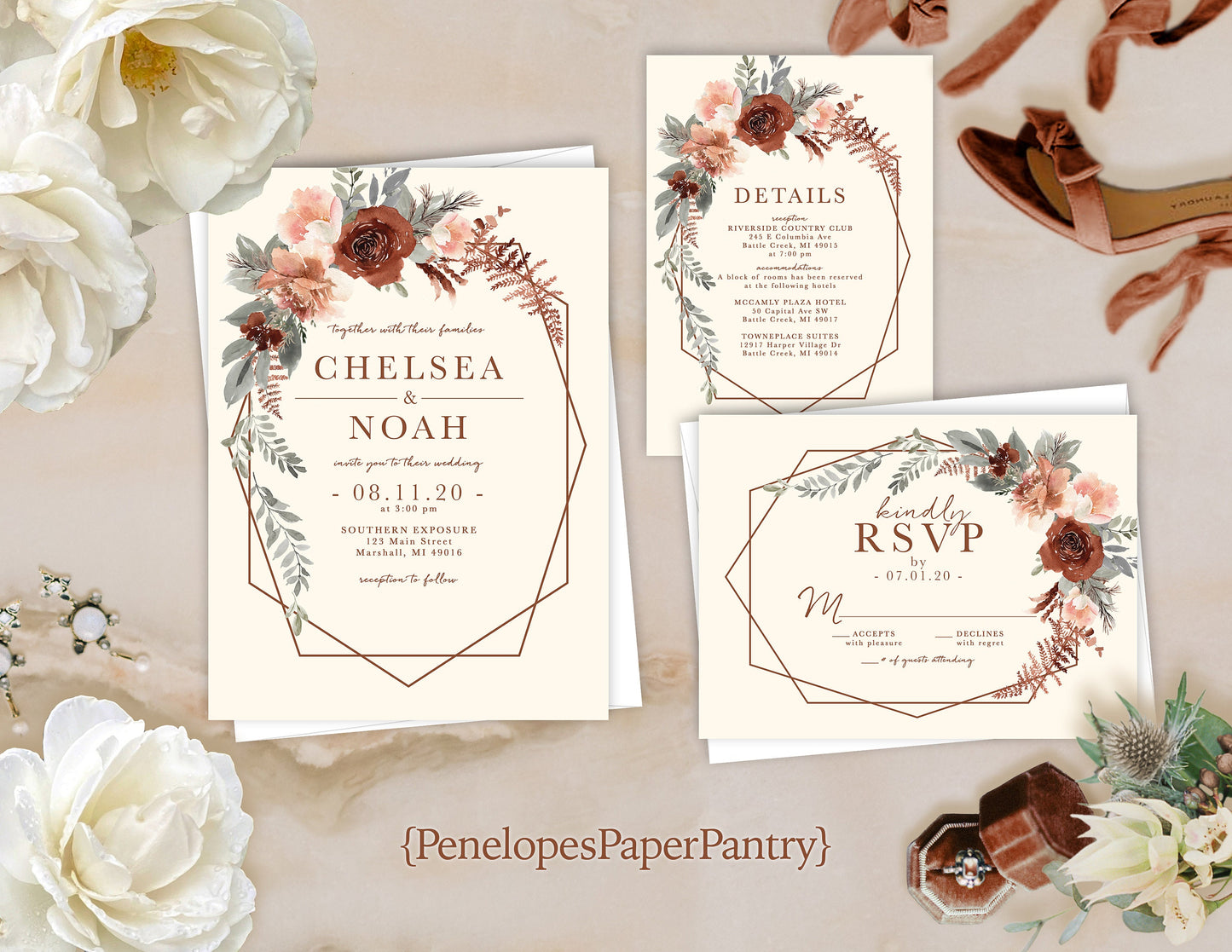 Terracotta and Burnt Orange Florals on Ivory Background Fall Wedding Invitation, Set, or Suite