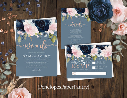 Navy Blue and Pink Florals with Faux Glitter on Dusty Blue Background Summer Wedding Invitation, Set, or Suite