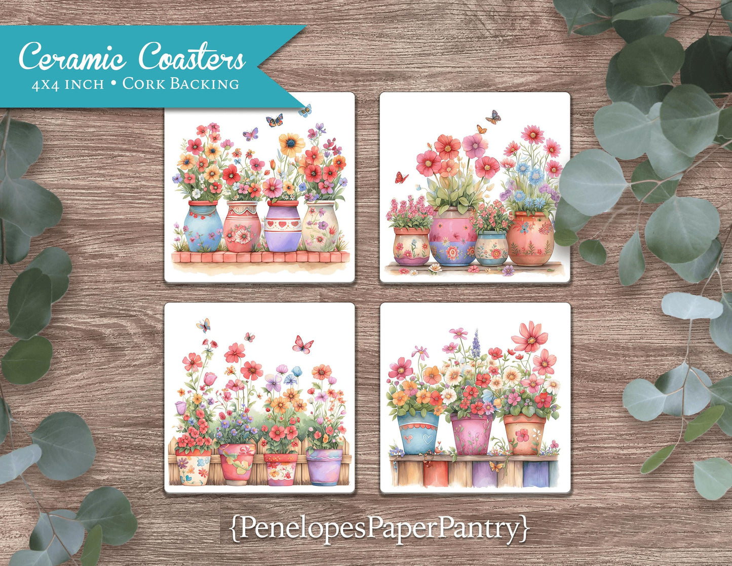 Bright Potted Flowers Set of 4 Ceramic Coasters with Cork Back