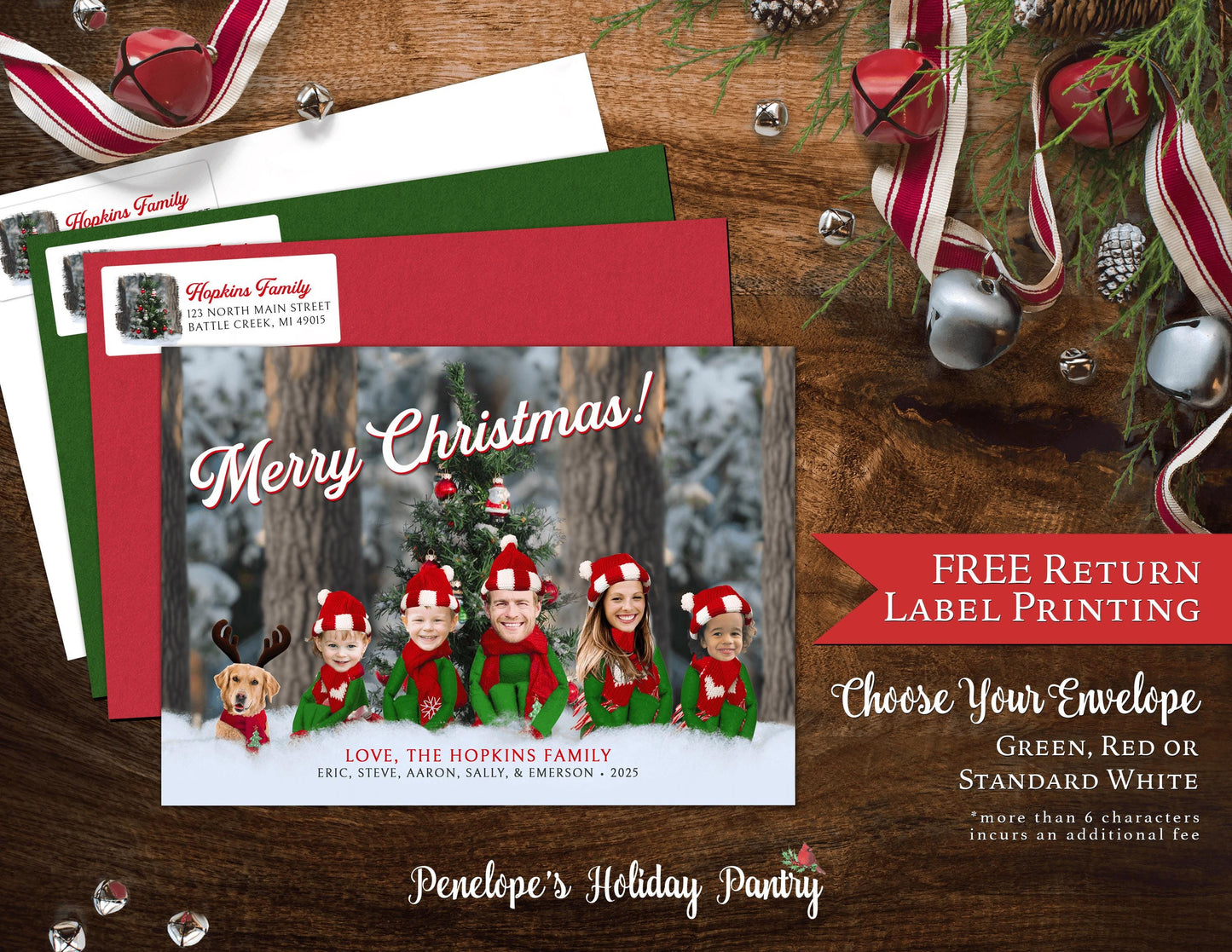 Funny Elf Family Christmas Photo Card – Personalized Winter Forest Design – Printed with Envelope, Back Print & Return Address Label
