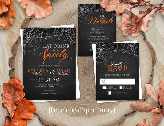 Halloween Wedding Invitation – Black & Orange Spider Web Design – Personalized Spooky Printed Invite with Envelopes Included