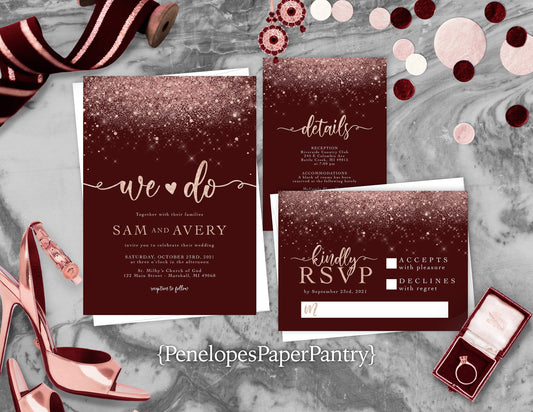 Rose Gold Faux Glitter with Burgundy Background Traditional Wedding Invitation, Sets, or Suite