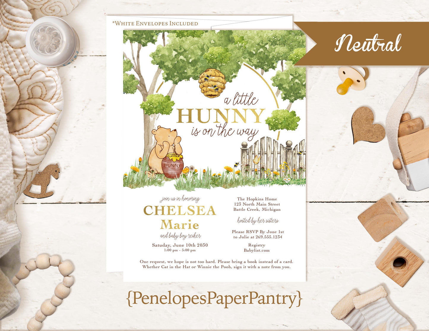 Winnie the Pooh Inspired Baby Shower, Gender Reveal, or Sprinkle Invitations