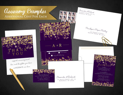 Gold Foil Bokeh String Lights with Purple Background Traditional Wedding Invitation, Sets, or Suite