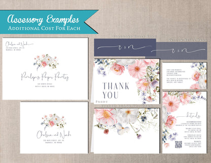 Pastel and Dusty Blue Florals on White Background Summer Wedding Invitation, Set, or Suite