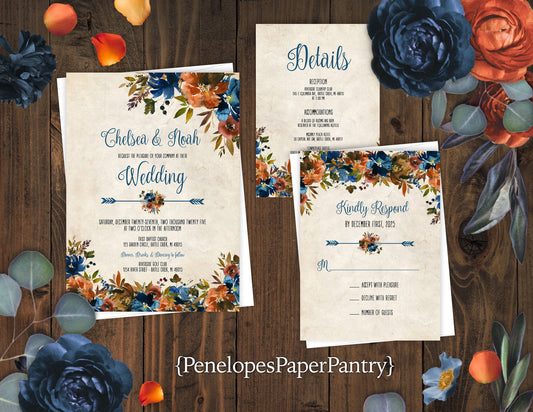 Rustic Floral Fall Wedding Invitation – Turquoise & Burnt Orange with Floral Arrow – Personalized Printed Invitations with Envelopes Included
