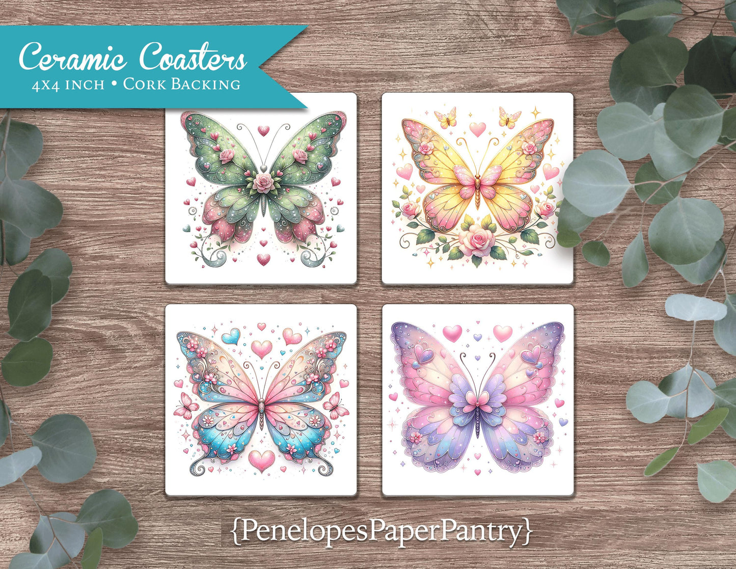 Butterflies Set of 4 Ceramic Coasters with Cork Back