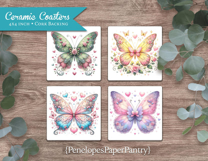 Butterflies Set of 4 Ceramic Coasters with Cork Back
