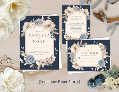 Dusty Blue Florals with Navy and Ivory Frame Background Summer Wedding Invitation, Set, or Suite