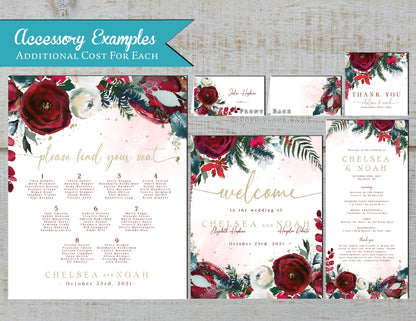 Red and Green Florals with White Background Winter Wedding Invitation, Set, or Suite