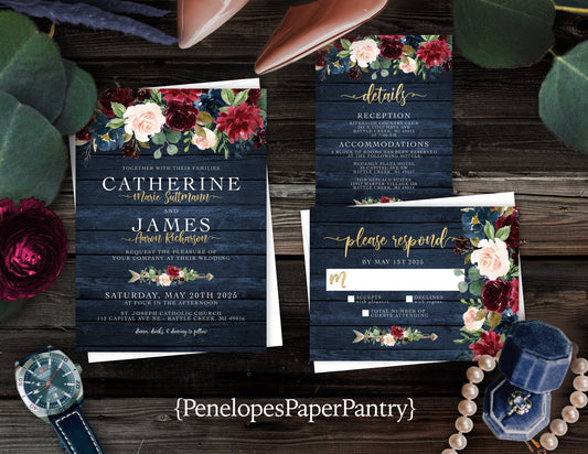 Navy, Blush, and Burgundy Florals on Blue Wood Background Fall Wedding Invitation, Set, or Suite