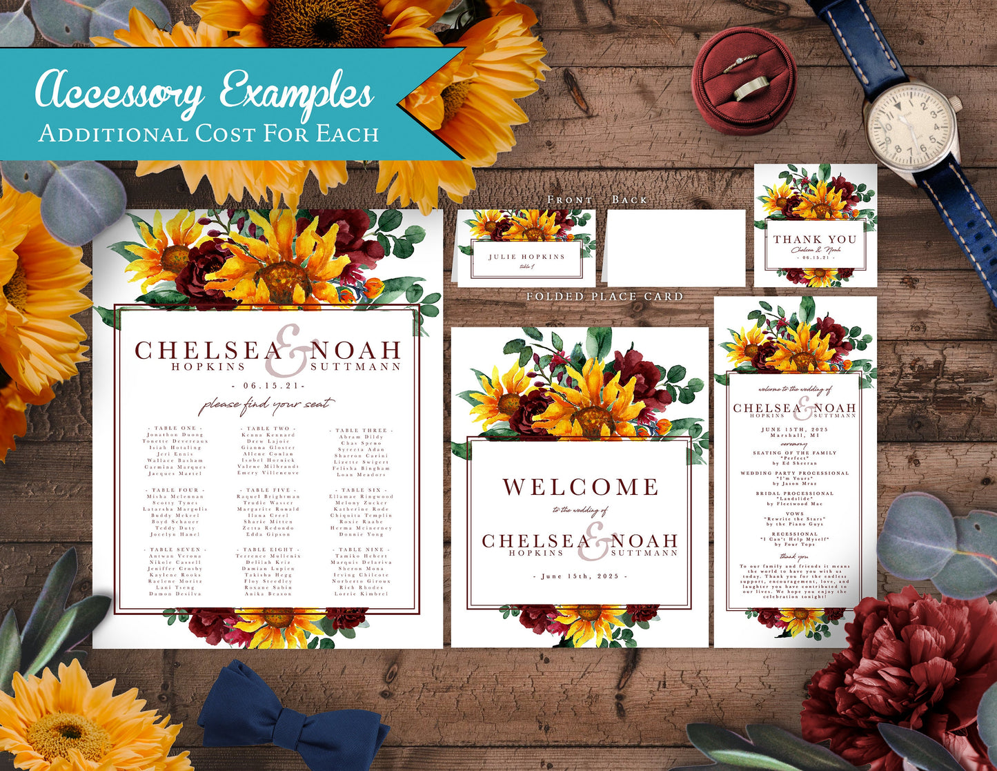 Sunflower and Burgundy Florals with Frame on White Background Fall Wedding Invitation, Set, or Suite