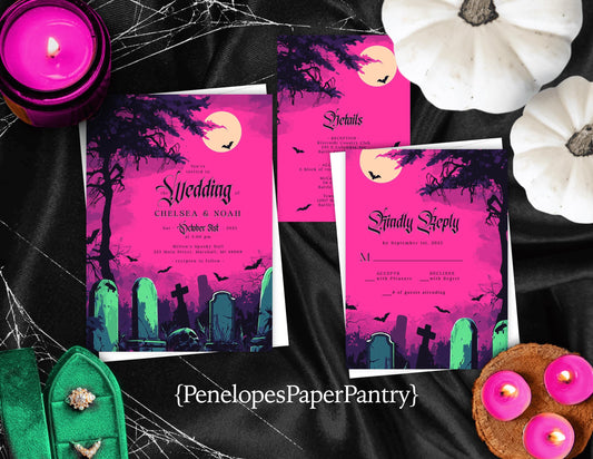 Halloween Wedding Invitation – Haunted Forest & Cemetery in Hot Pink – Personalized Gothic Printed Invite with Envelopes Included