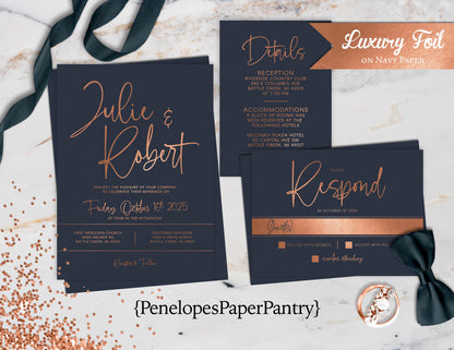 Copper Foil on Navy Blue Paper Wedding Invitation, Set, or Suite