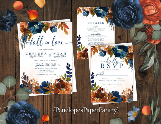 Elegant Fall Wedding Invitation – Dark Turquoise & Burnt Orange – Fall In Love Script, Personalized Printed Card with Envelopes