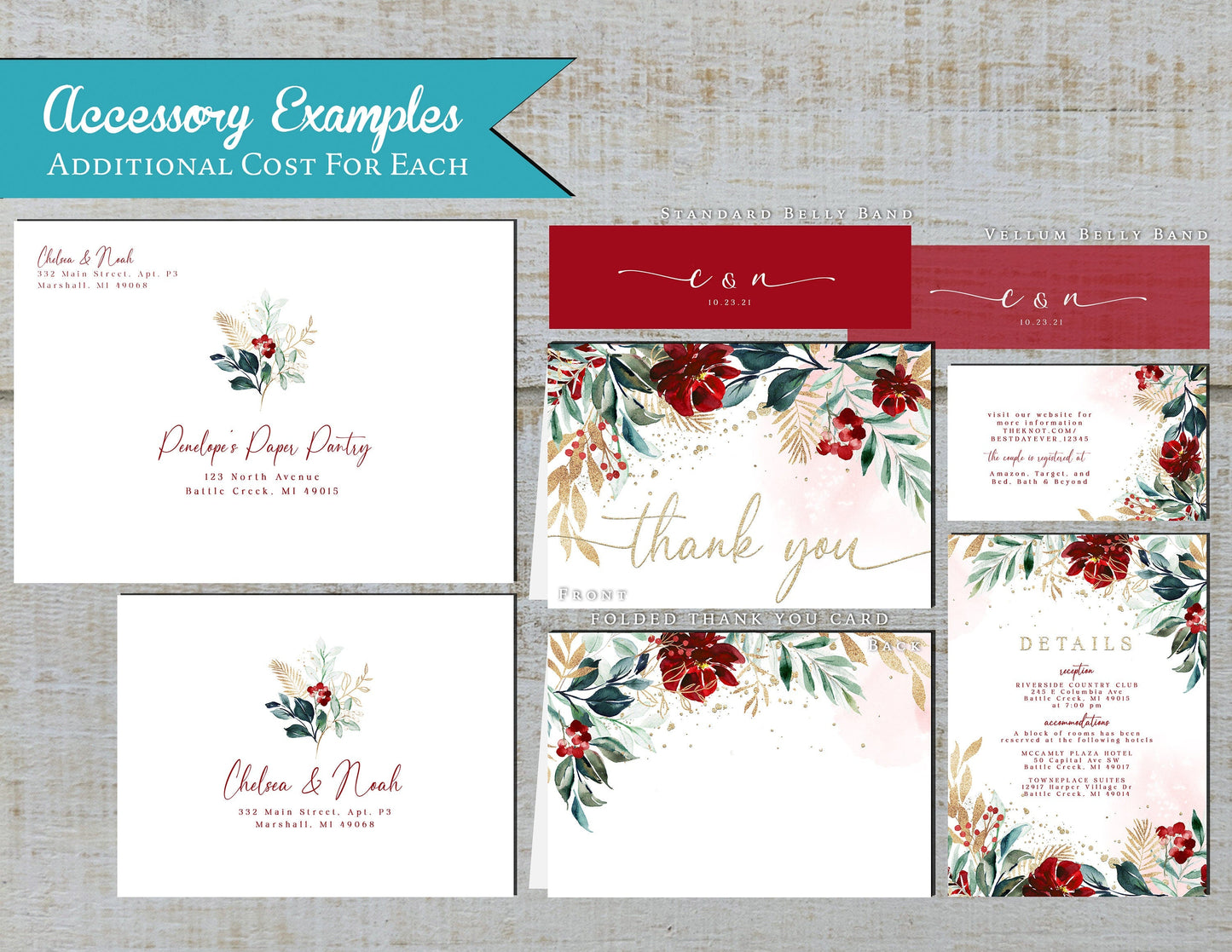 Red, Green, and Gold Florals with White Background Winter Wedding Invitation, Set, or Suite