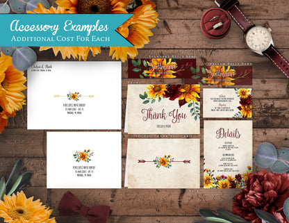 Rustic Sunflower Wedding Invitation – Parchment, Burgundy Roses & Floral Arrow – Personalized Calligraphy Printed Invitations with Envelopes