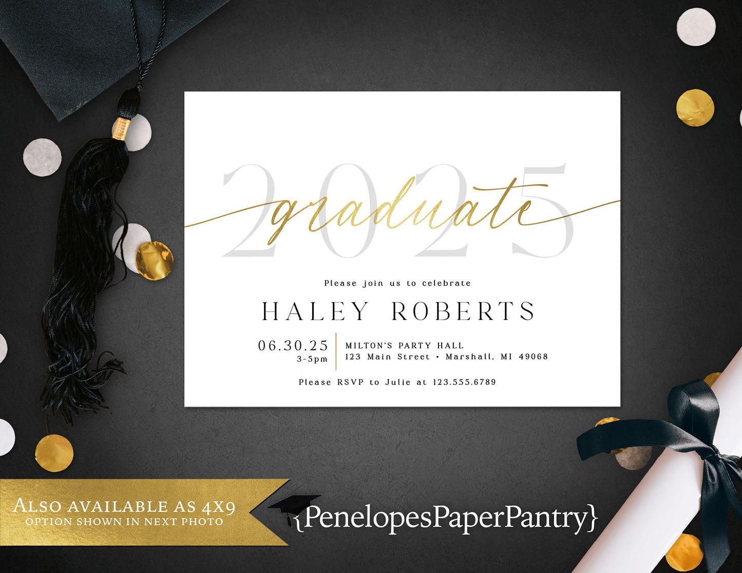 2025 Graduate with Gold Foil Graduation Open House or Ceremony Invitation