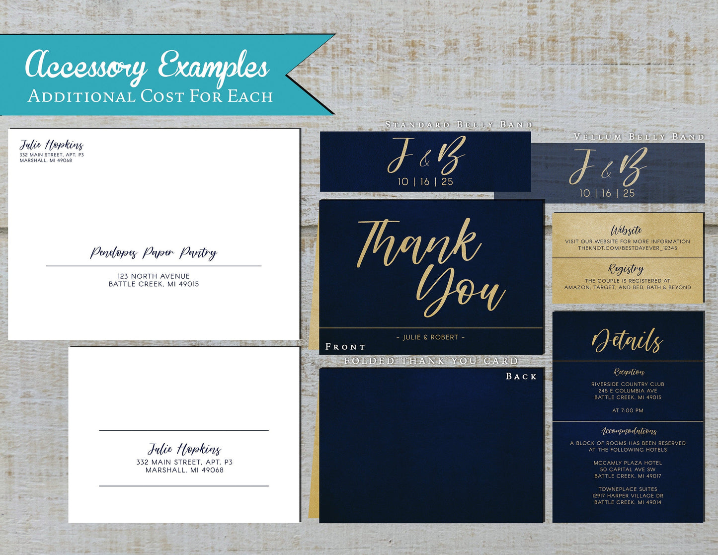 Navy on Metallic Gold Paper Traditional Wedding Invitation, Sets, or Suite