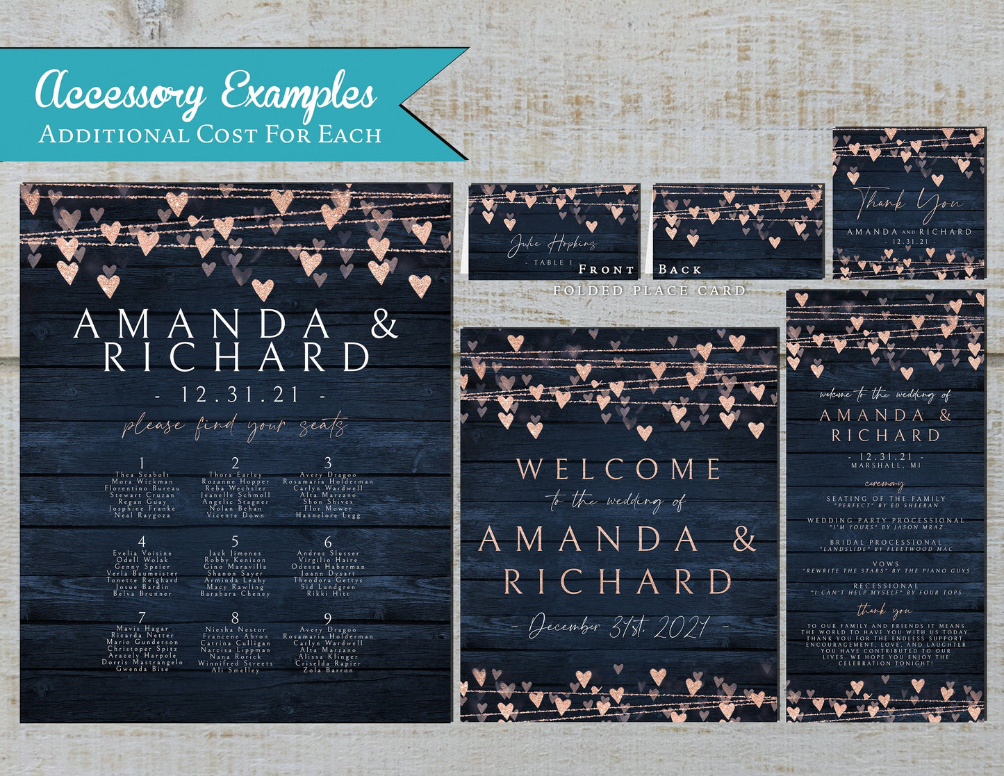 Rose Gold Bokeh String Lights on Blue Barn Wood Traditional Wedding Invitation, Sets, or Suite