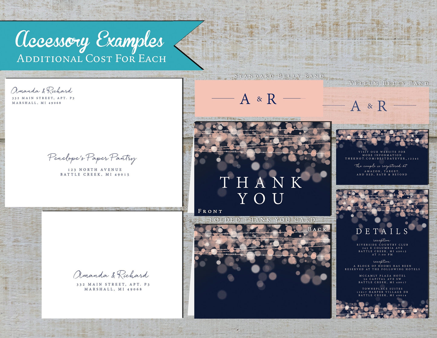 Pink Bokeh String Lights Bubble Lights with Navy Blue Background Traditional Wedding Invitation, Sets, or Suite