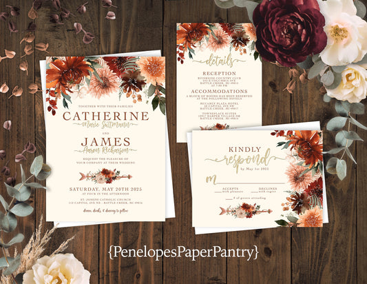 Terracotta and Burnt Orange Florals on Ivory Background Fall Wedding Invitation, Set, or Suite