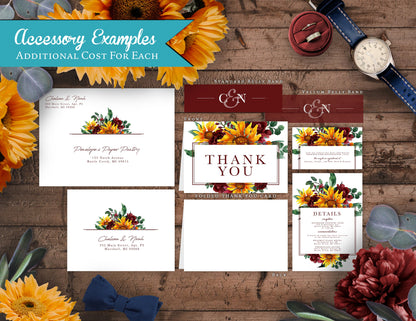 Sunflower and Burgundy Florals with Frame on White Background Fall Wedding Invitation, Set, or Suite