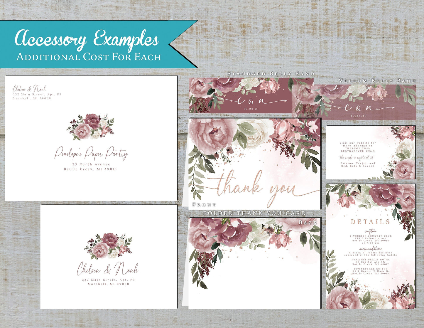 Neutral and Mauve Floral on White Background Summer Wedding Invitation, Set, or Suite